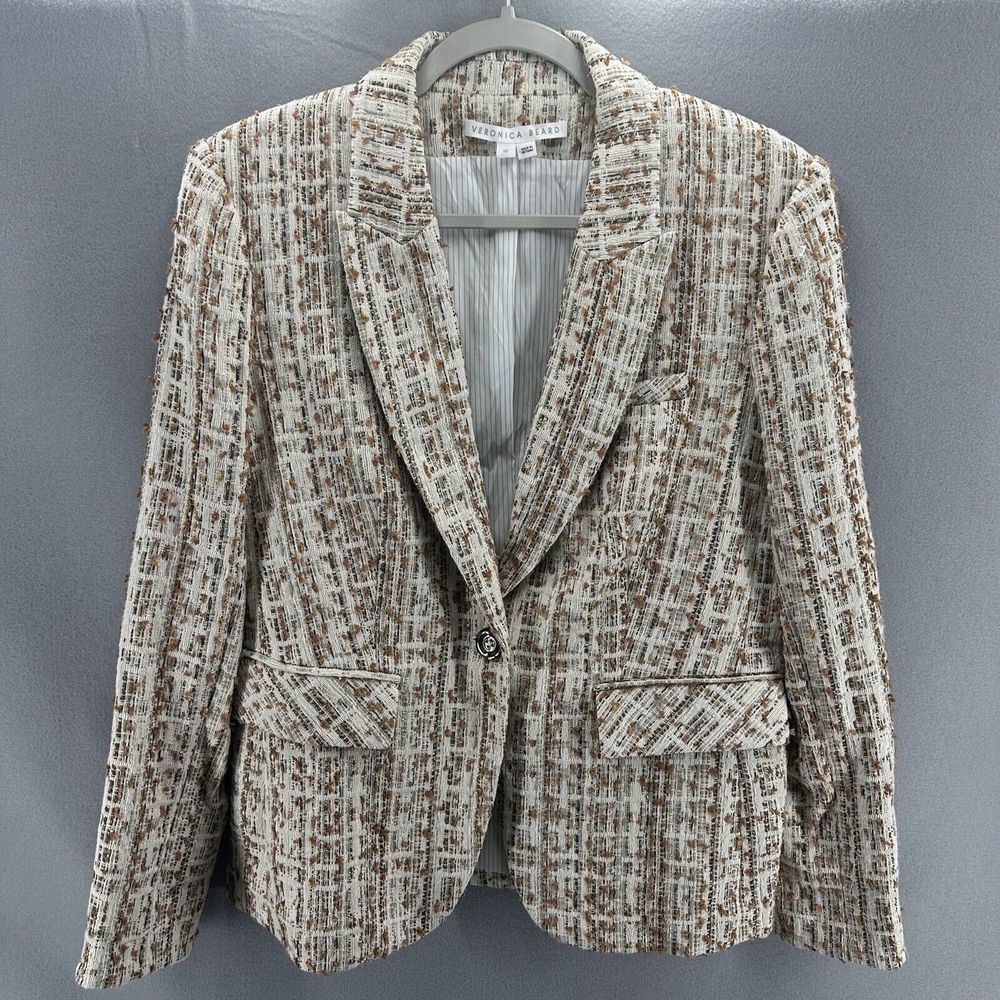 Veronica Beard Cutaway Dickey Boucle Tweed Blazer Ivory Tan Gold Jacket Size 10